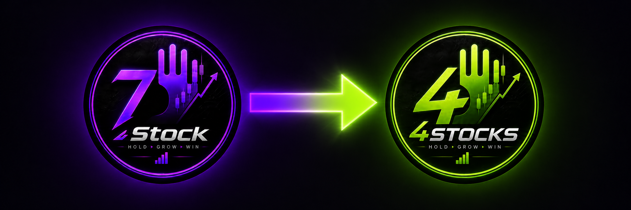 Purple 7Stock logo with a glowing arrow pointing to the green 4Stock logo